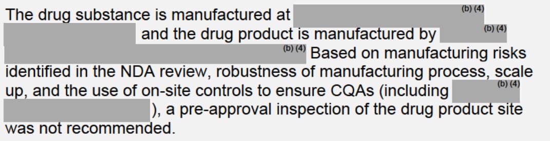 Example redactions in an FDA Product Quality assessment